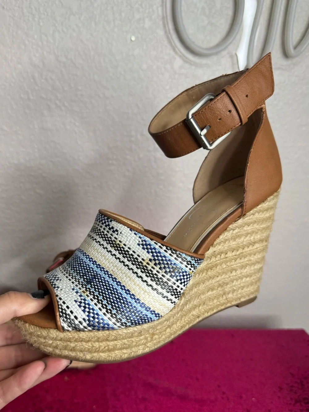 JESSICA SIMPSON 🩵 Tan & Blue Woven Espadrille Wedge Sandals (Women’s Size 7)